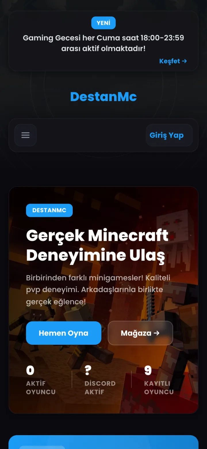 DestanMC — Minecraft Server Website website on mobile