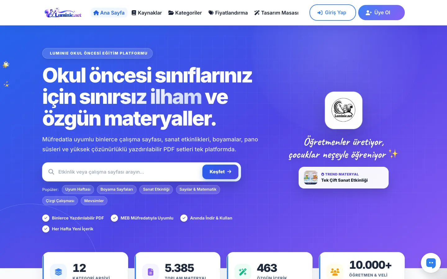 Luminie — Preschool Activity Platform website on desktop
