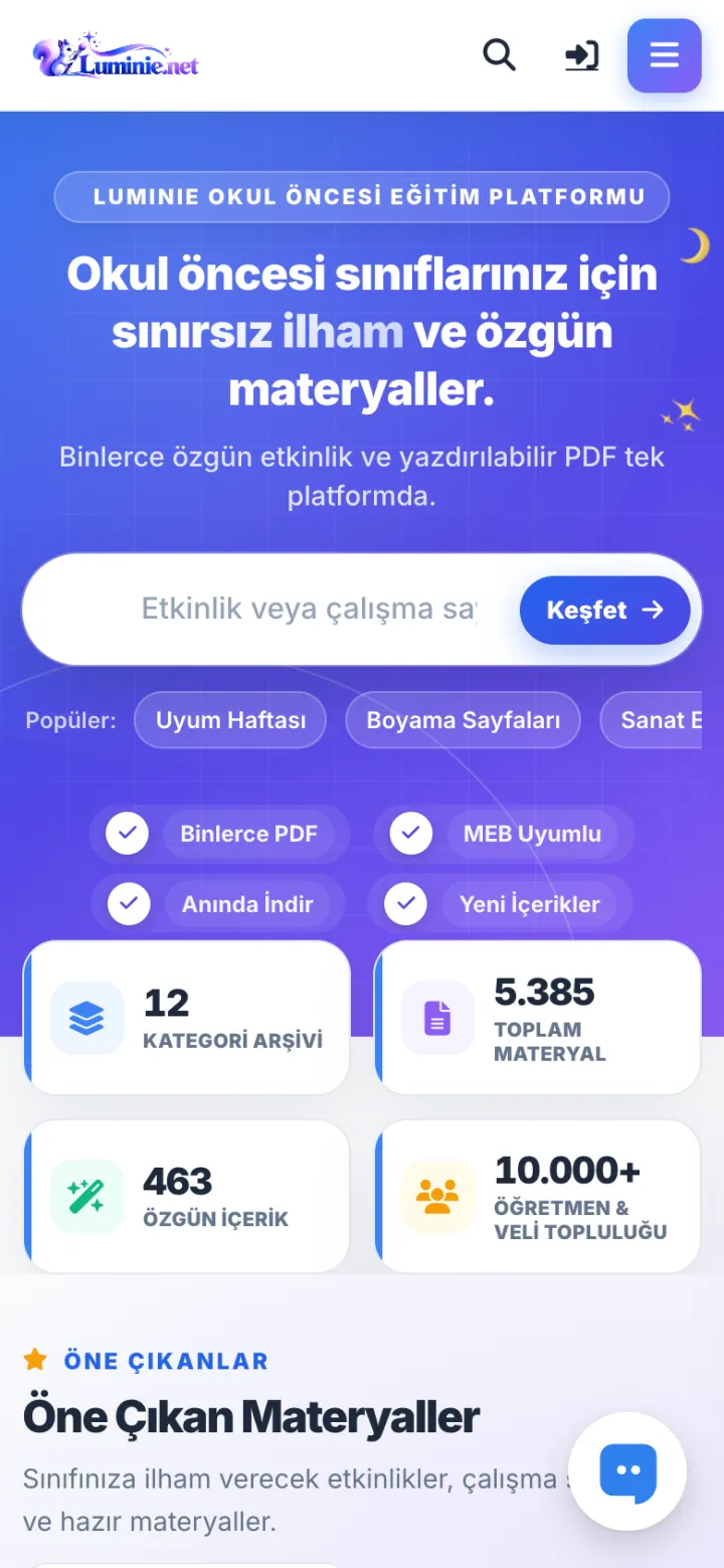 Luminie — Preschool Activity Platform website on mobile