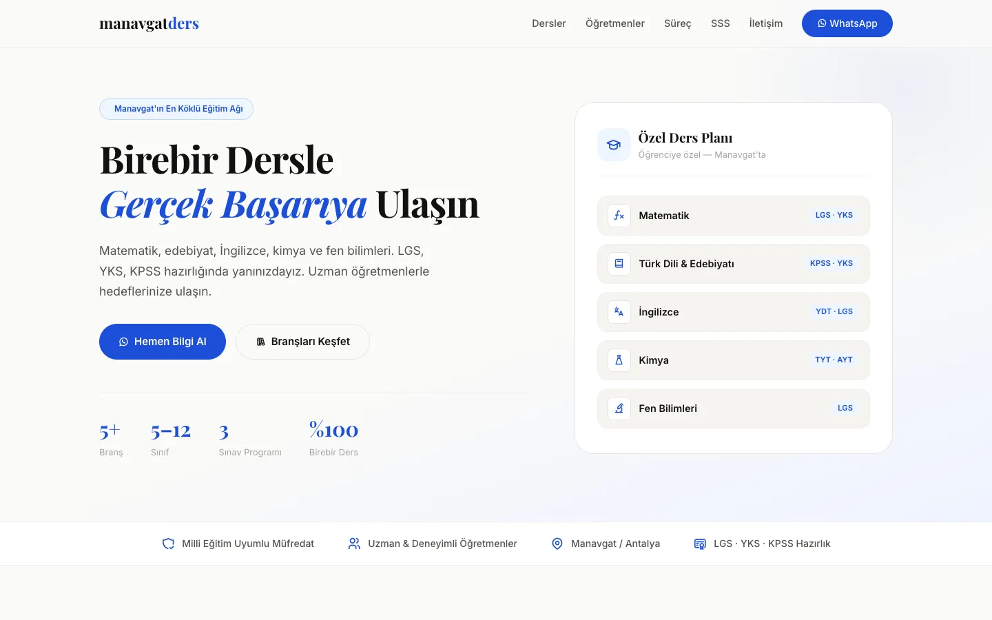 Manavgat Özel Ders — Private Tutoring website on desktop