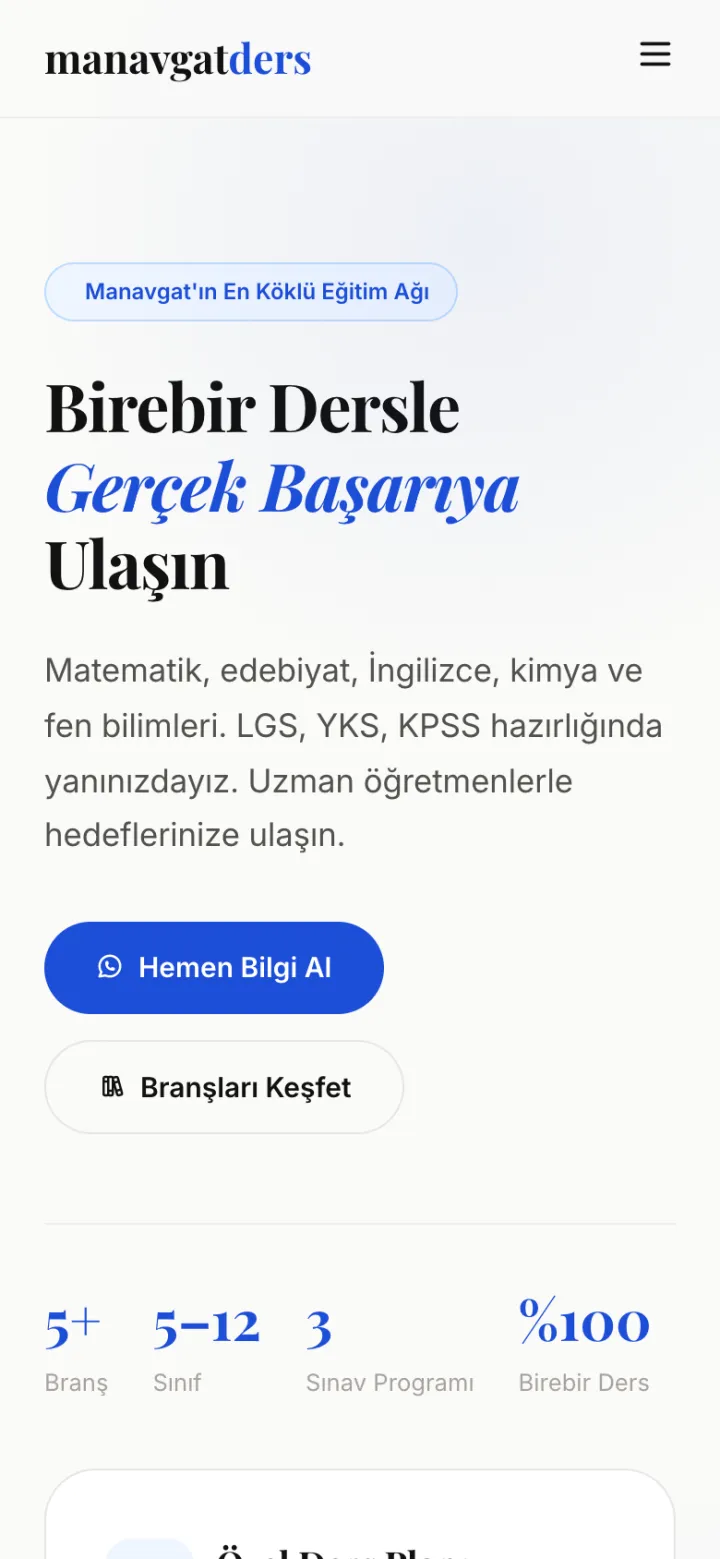Manavgat Özel Ders — Private Tutoring website on mobile