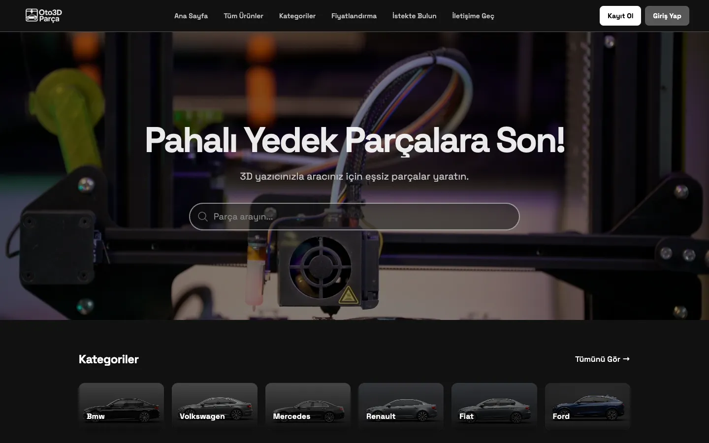 Oto3DParça — 3D Car Parts Platform website on desktop