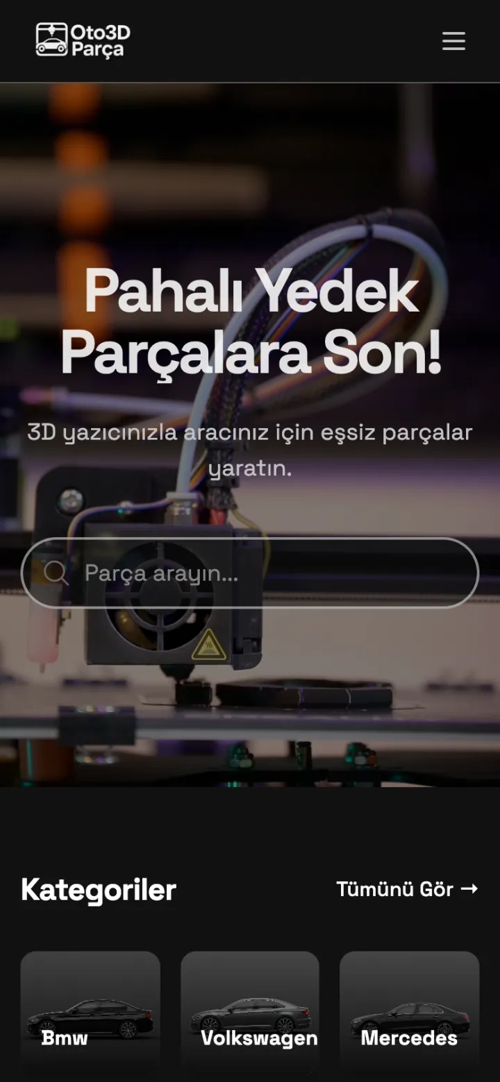 Oto3DParça — 3D Car Parts Platform website on mobile